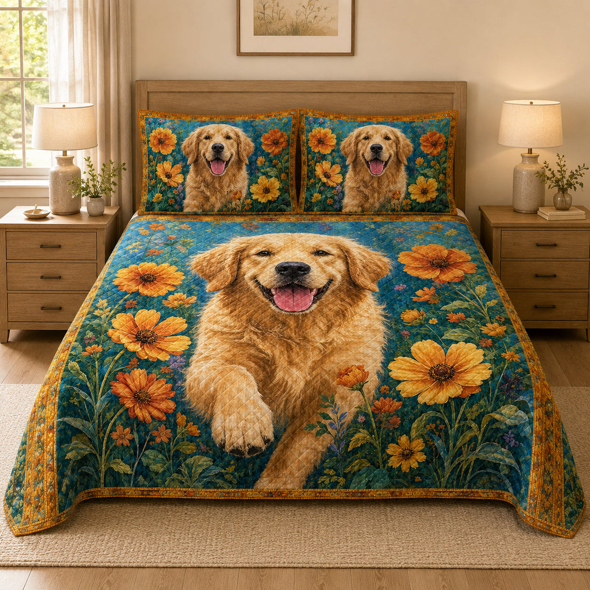 Golden Retriever Sunflower Garden quilt design with coordinating pillow shams