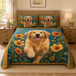 Golden Retriever Sunflower Garden Quilt Set