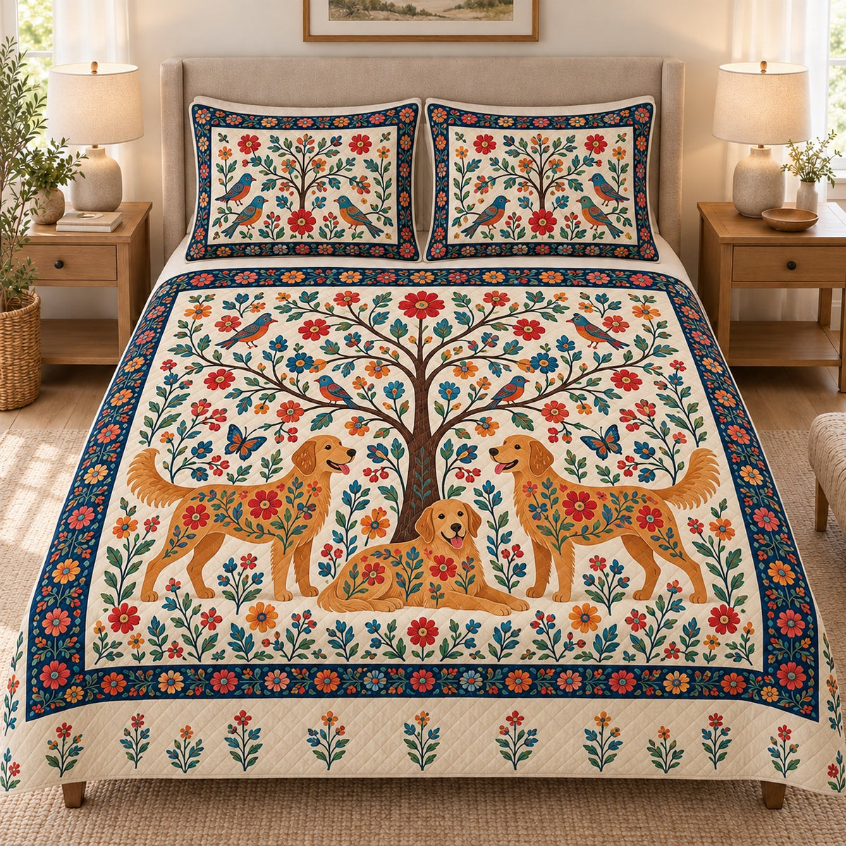 Folk Art Golden Retriever Tree of Life Quilt Set, front view