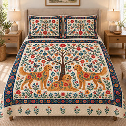 Folk Art Golden Retriever Tree of Life Quilt Set