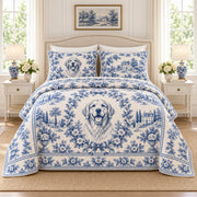 Golden Retriever French toile quilt set with blue and ivory floral and estate pattern on a styled bed