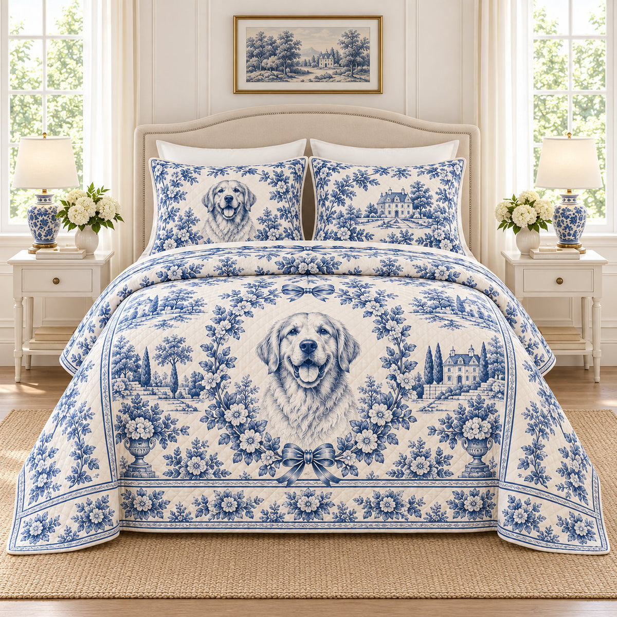 Golden Retriever French toile quilt set with blue and ivory floral and estate pattern on a styled bed