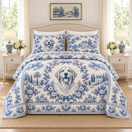 Golden Retriever French Toile Quilt Set, Blue and Ivory Dog Bedding