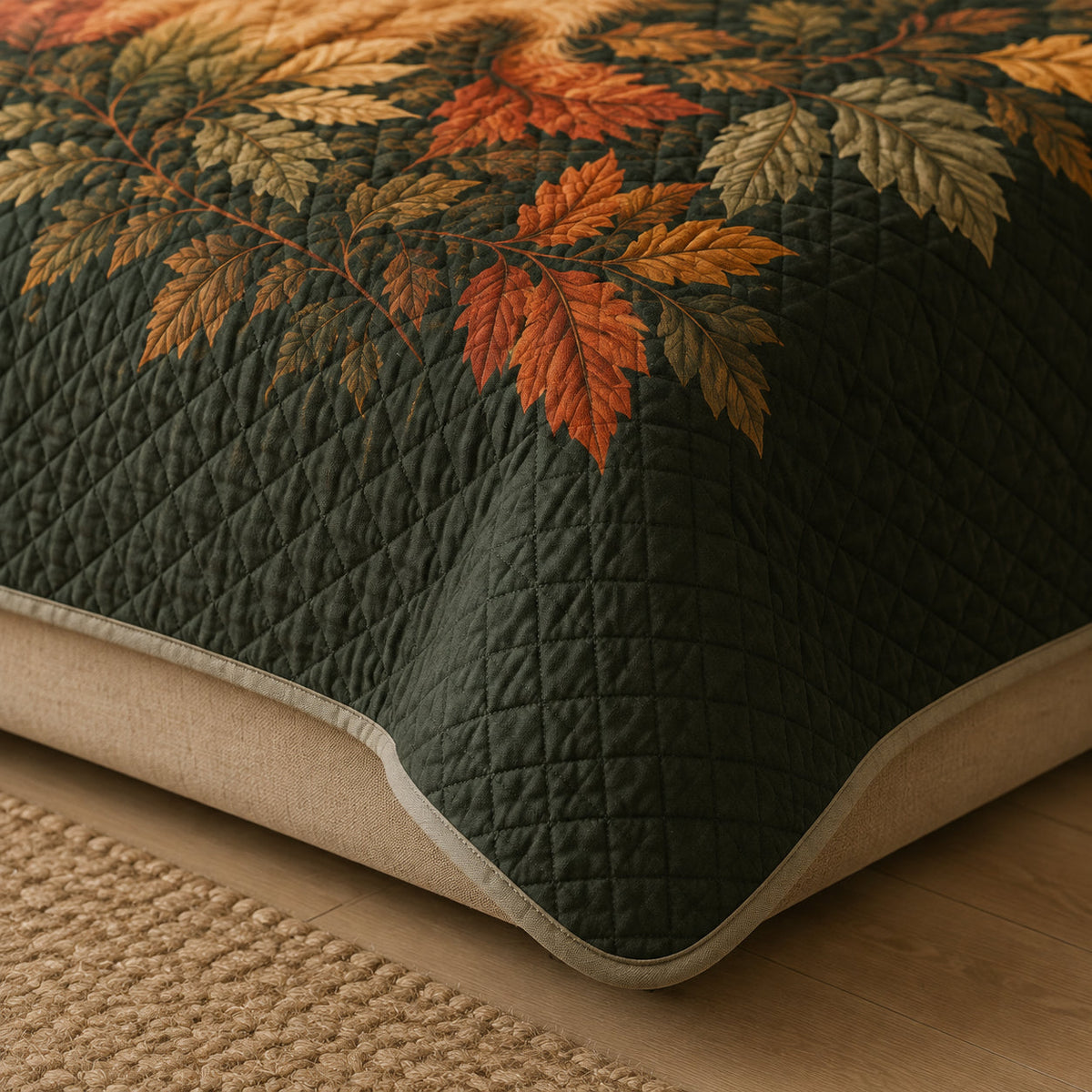 Close-up of diamond stitching and bound edge on the Golden Retriever quilt