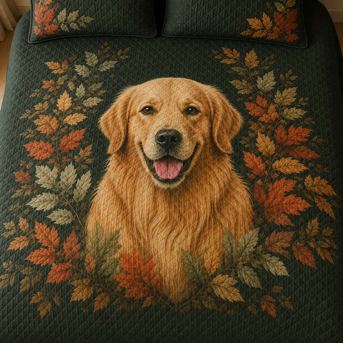 Close-up of Golden Retriever portrait with autumn leaves on the quilt
