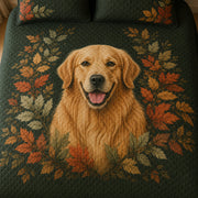 Close-up of Golden Retriever portrait with autumn leaves on the quilt