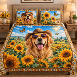 Golden Retriever Sunflower Floral Quilt Set