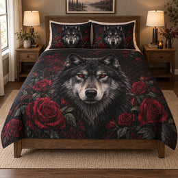 Gothic Black Wolf Rose Quilt Set