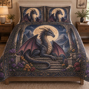 Gothic Dragon Full Moon Quilt Set: bedroom mockup showing the quilt design and coordinating pillow shams