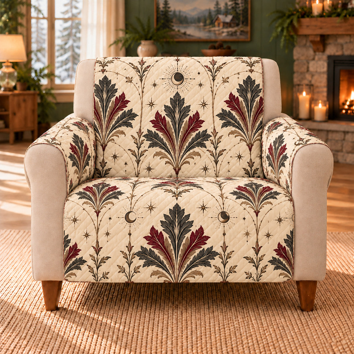 Gothic Leaf Fan sofa cover on a beige armchair