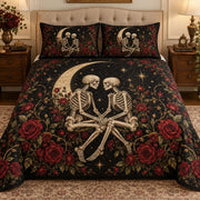 Gothic skeleton couple and dark roses quilt set, view 1, AI-generated product mockup