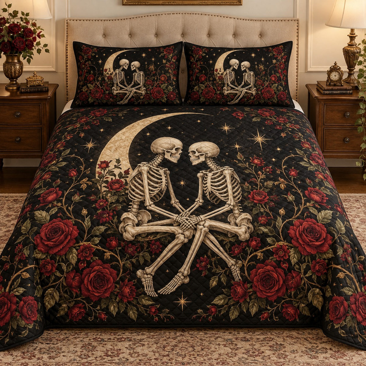 Gothic skeleton couple and dark roses quilt set, view 1, AI-generated product mockup