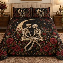 Gothic Skeleton Couple Quilt Set, Dark Floral Gift for Gothic Decor Fans