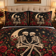 Gothic skeleton couple and dark roses quilt set, view 2, AI-generated product mockup