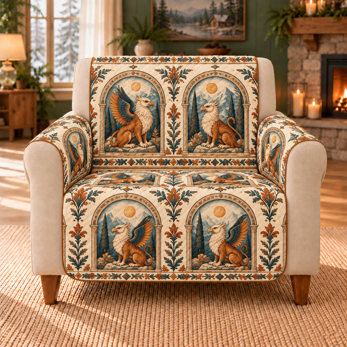 Griffin Arch Cameos sofa cover on a beige armchair