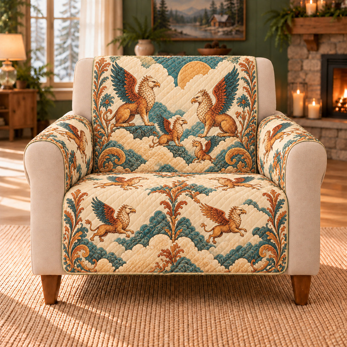 Griffin Cloud Frieze sofa cover on a beige armchair