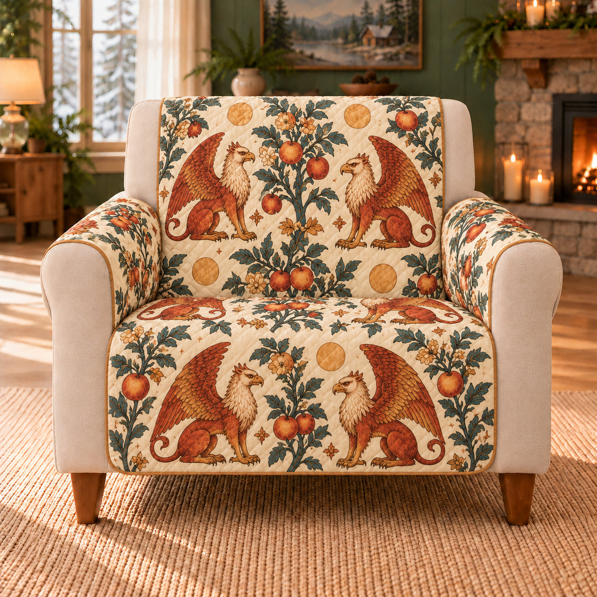 Griffin Orchard Repeat sofa cover on a beige armchair