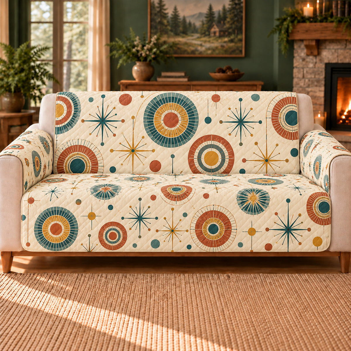 Groove Star Rosettes sofa cover on a beige sofa