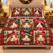 AI mockup, front view of a Christmas guinea pig patchwork quilt set on a beige upholstered bed.