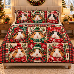 Christmas Guinea Pig Quilt Set, Festive Patchwork Bedding, Gift for Guinea Pig Lovers