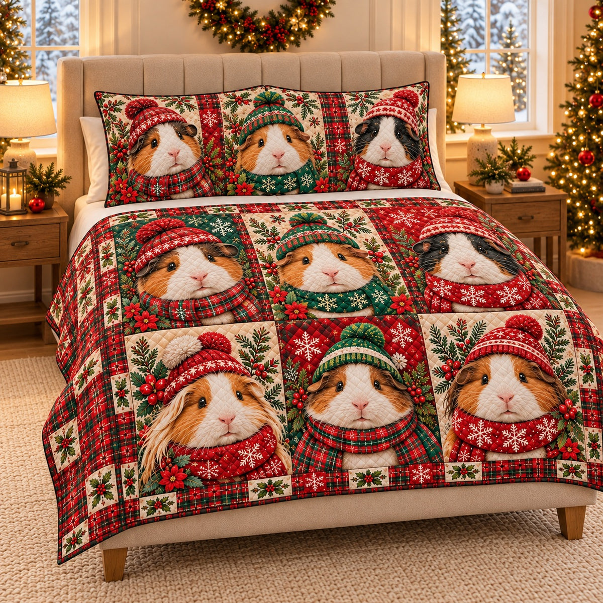 AI mockup, left angle view of the Christmas guinea pig quilt set in a festive bedroom.