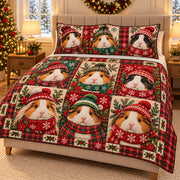 AI mockup, right angle view of the Christmas guinea pig quilt set with matching pillow covers.