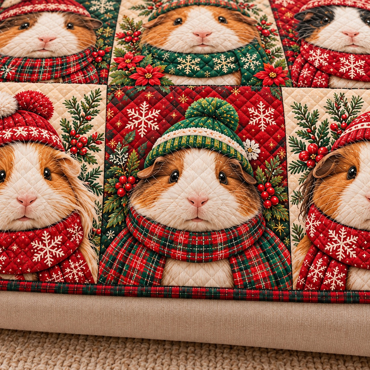 AI mockup, close-up of the green-hat guinea pig print, tartan scarf, diamond quilting and bound edge.
