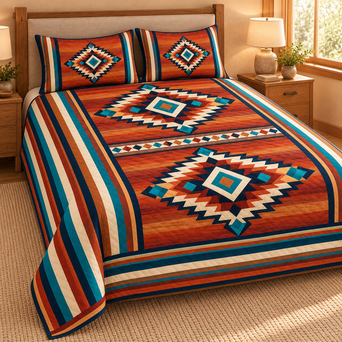 Copper Mesa Southwestern geometric quilt set – left view