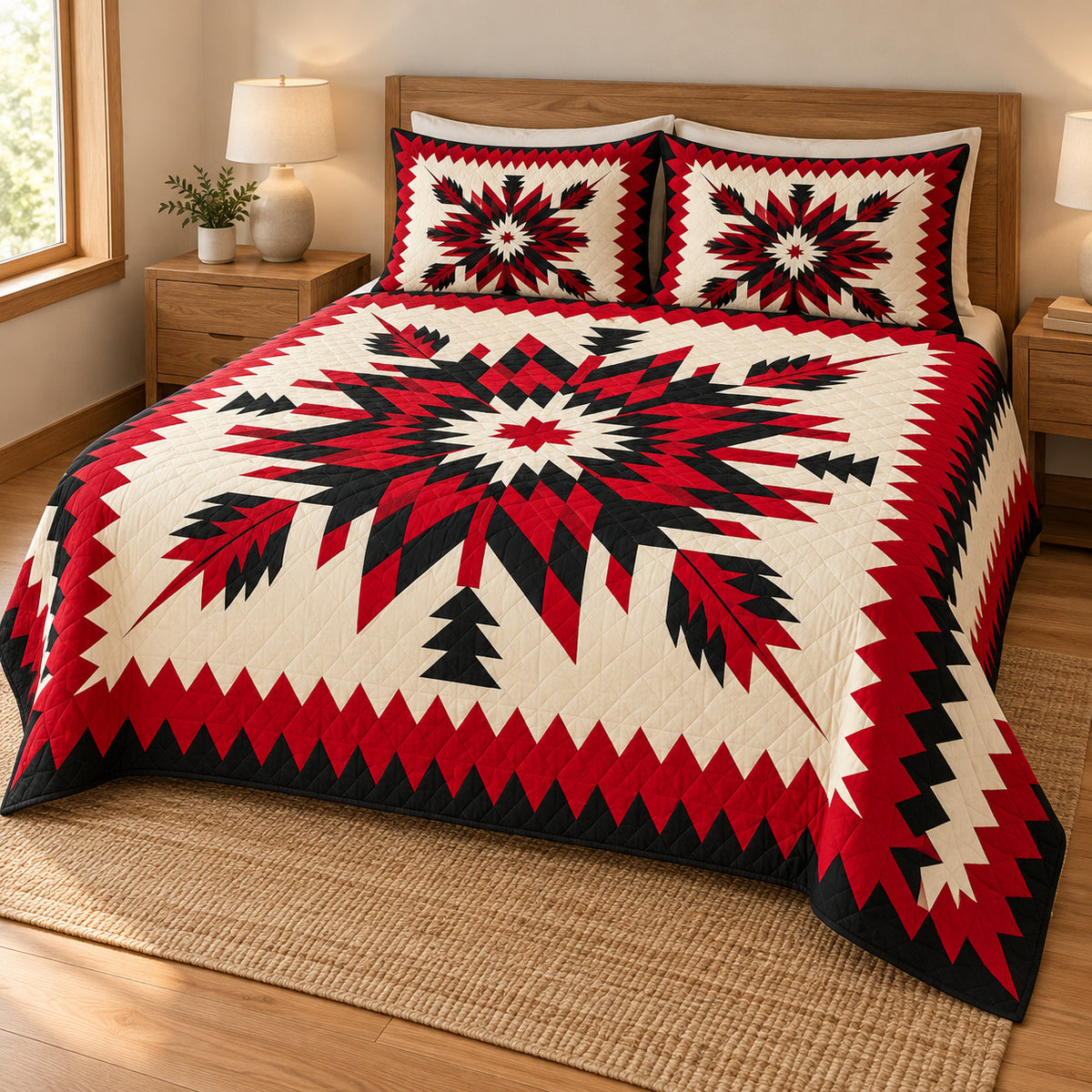 Crimson Heritage Star quilt bedding set, hero view; AI-styled mockup
