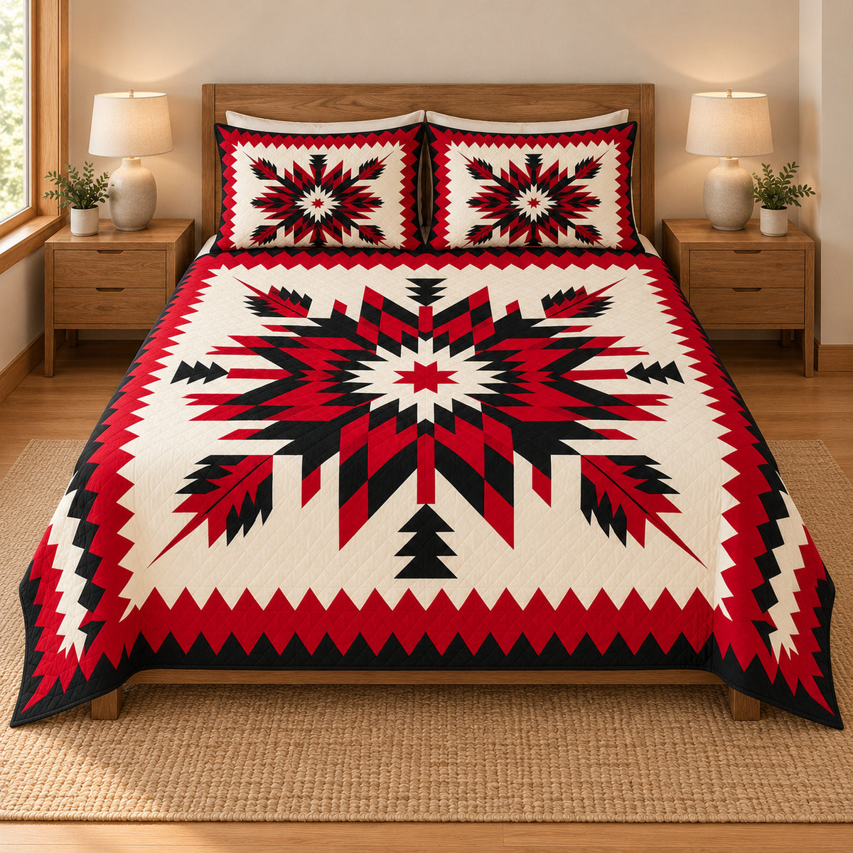 Crimson Heritage Star quilt bedding set, front view; AI-styled mockup