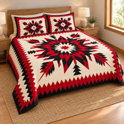 Crimson Heritage Star quilt bedding set, opposite view; AI-styled mockup