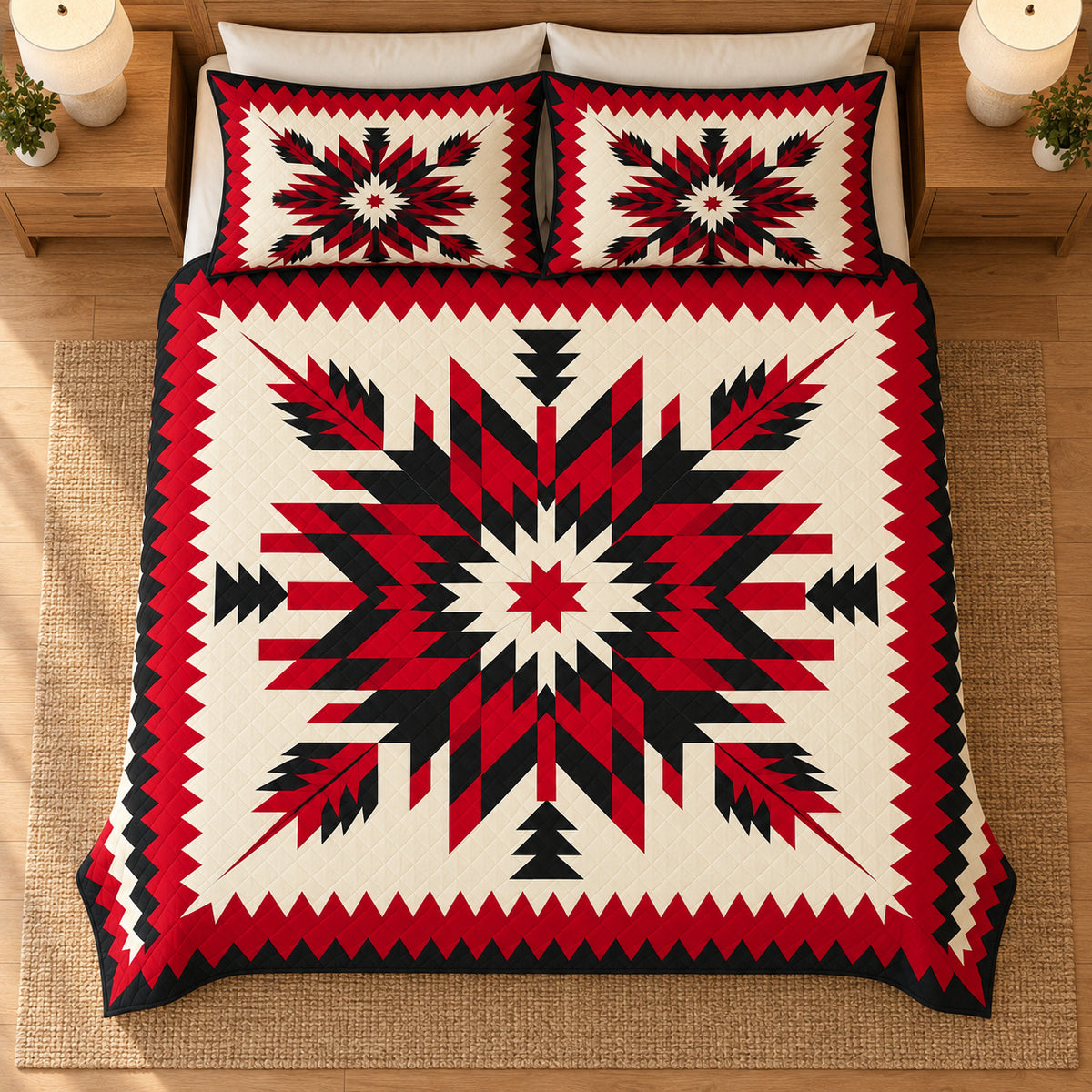 Crimson Heritage Star quilt bedding set, overhead view; AI-styled mockup