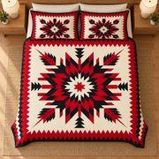 Crimson Heritage Star quilt bedding set, overhead view; AI-styled mockup