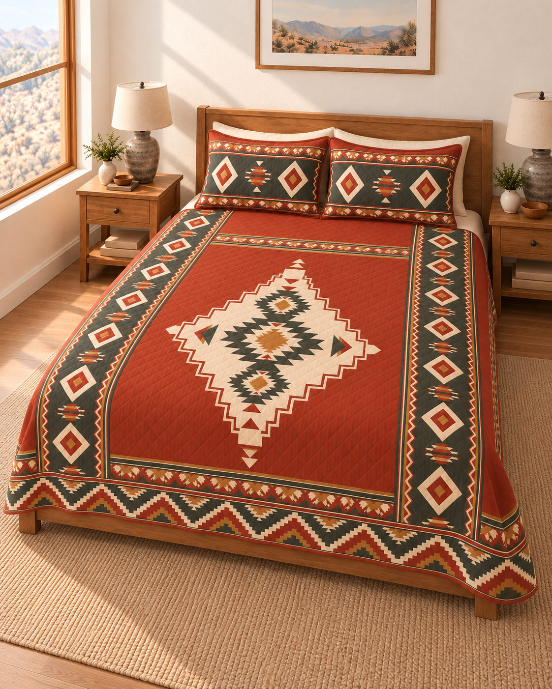 Desert Sage Medallion Southwestern quilt set – angle-1 view, terracotta and sage geometric print