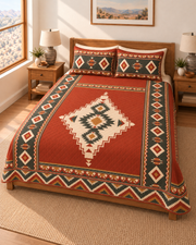 Desert Sage Medallion Southwestern quilt set – angle-1 view, terracotta and sage geometric print