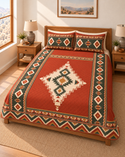 Desert Sage Medallion Southwestern quilt set – angle-2 view, terracotta and sage geometric print