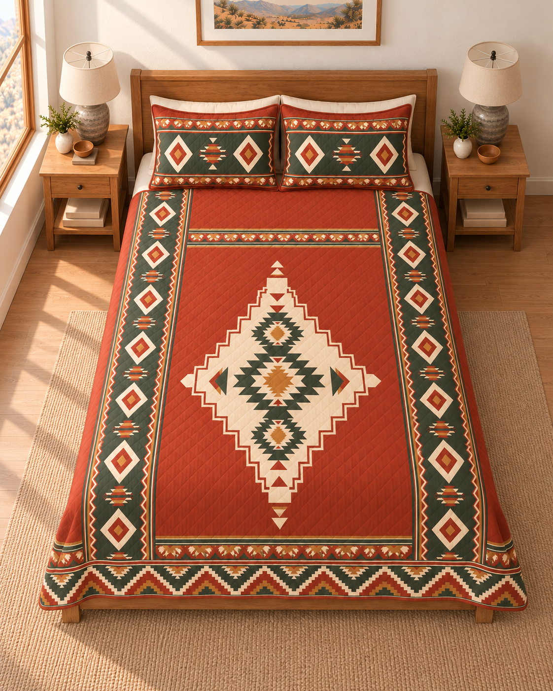 Desert Sage Medallion Southwestern quilt set – overhead view, terracotta and sage geometric print