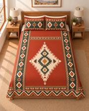 Desert Sage Medallion Southwestern quilt set – overhead view, terracotta and sage geometric print