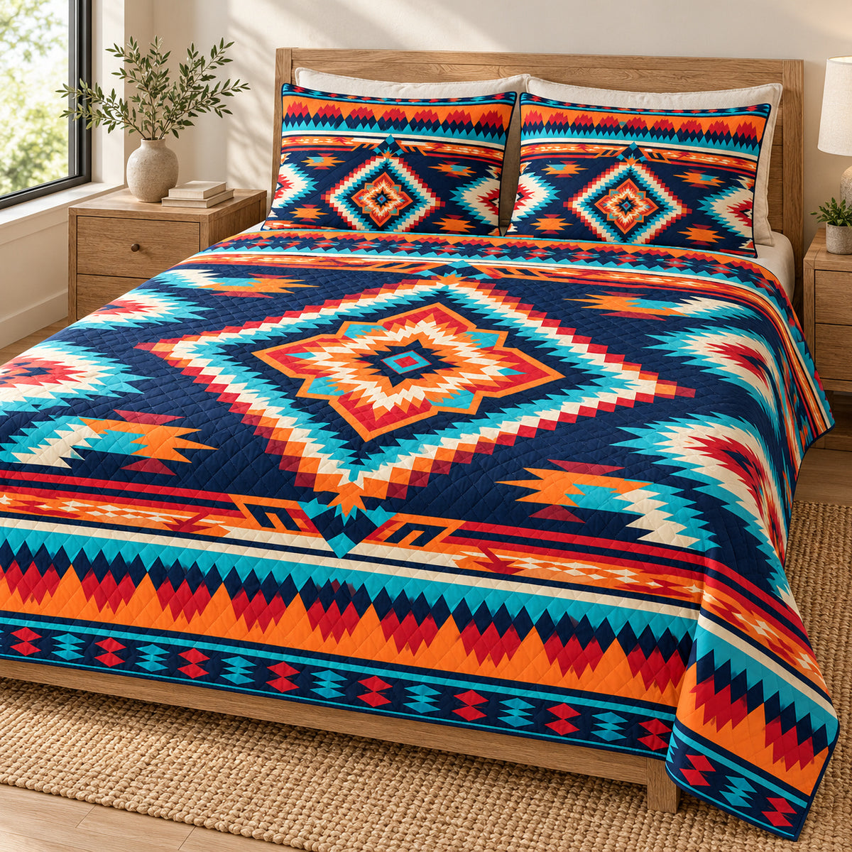 Ember Mesa Diamond quilt bedding set, hero view; AI-styled mockup