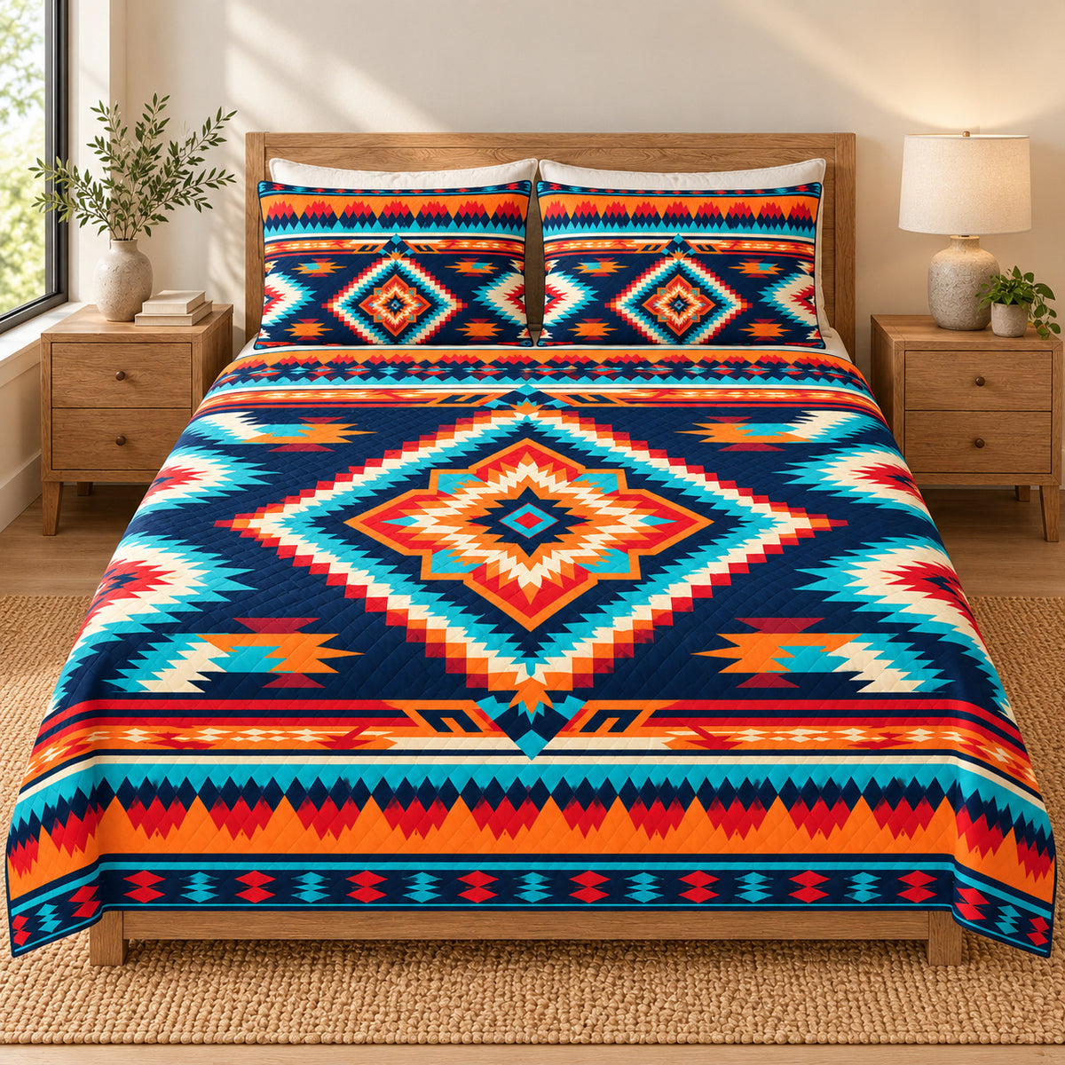 Ember Mesa Diamond quilt bedding set, front view; AI-styled mockup