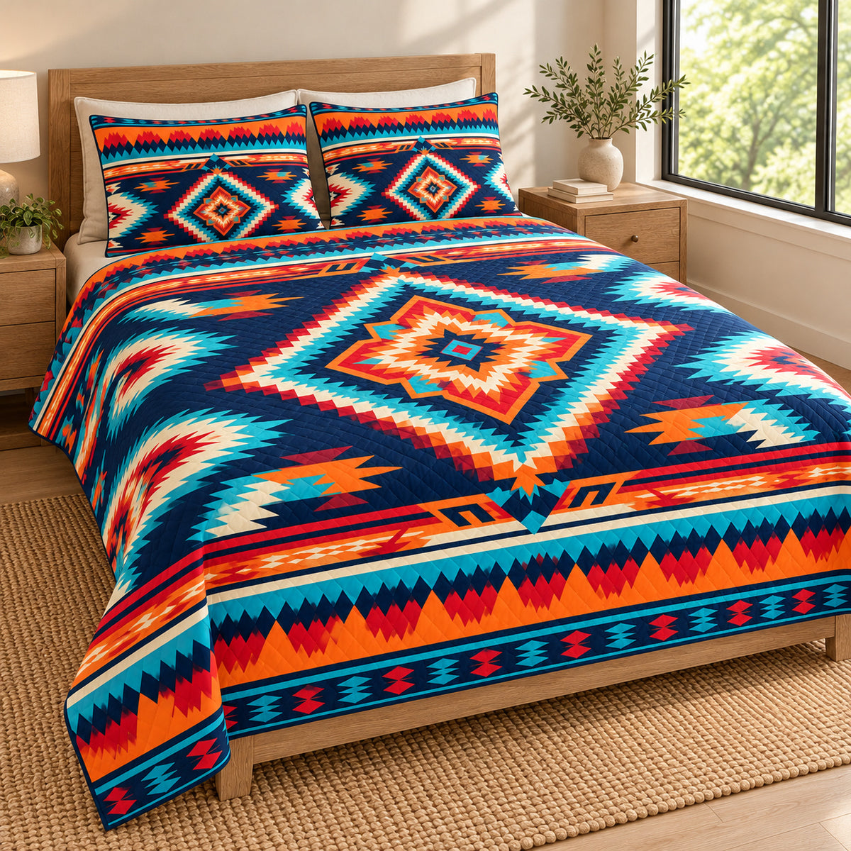Ember Mesa Diamond quilt bedding set, opposite view; AI-styled mockup