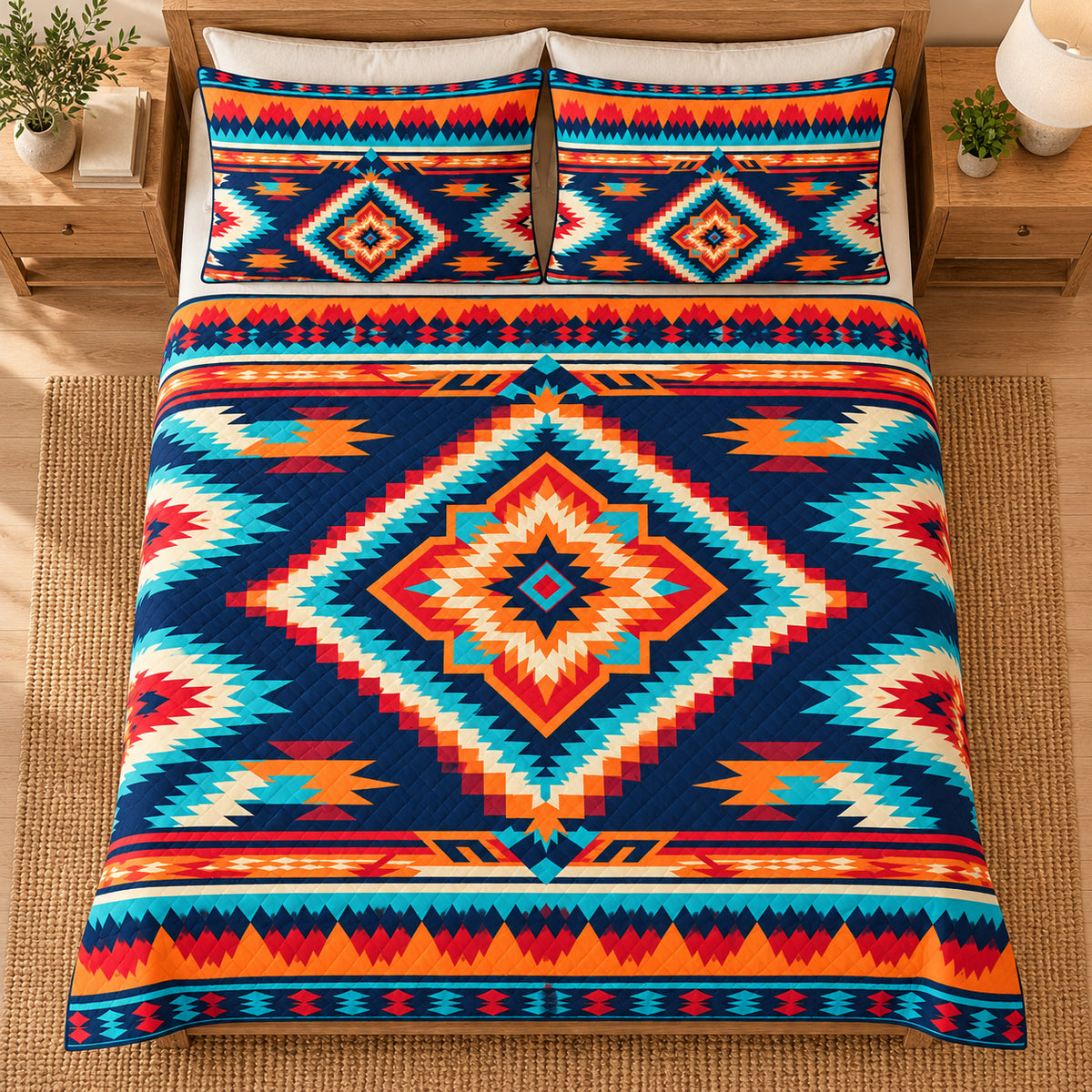 Ember Mesa Diamond quilt bedding set, overhead view; AI-styled mockup