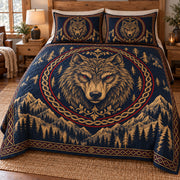 Fenrir wolf quilt bedding set with matching pillow shams, hero view; AI-styled mockup