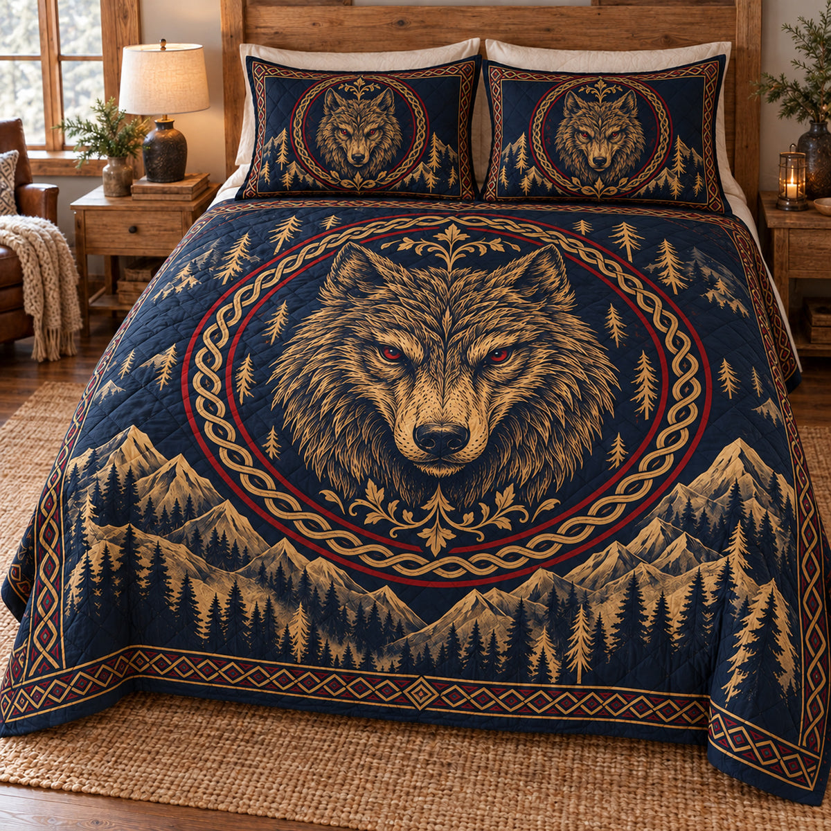 Fenrir wolf quilt bedding set with matching pillow shams, hero view; AI-styled mockup