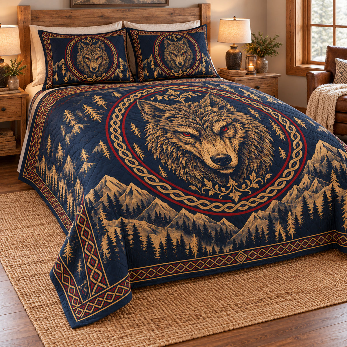 Fenrir wolf quilt bedding set with matching pillow shams, angled view; AI-styled mockup