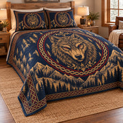 Fenrir wolf quilt bedding set with matching pillow shams, angled view; AI-styled mockup