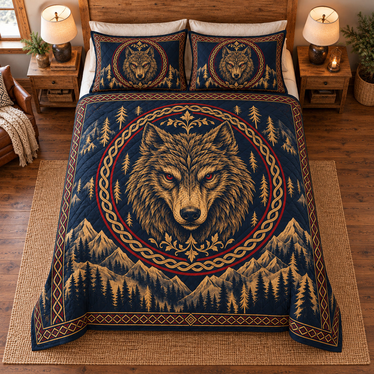 Fenrir wolf quilt bedding set with matching pillow shams, overhead view; AI-styled mockup