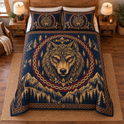 Fenrir wolf quilt bedding set with matching pillow shams, overhead view; AI-styled mockup
