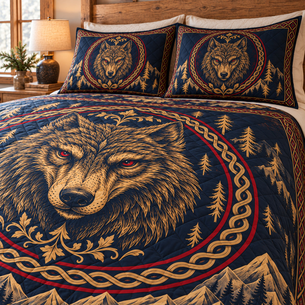 Fenrir wolf quilt bedding set with matching pillow shams, detail view; AI-styled mockup