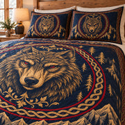 Fenrir wolf quilt bedding set with matching pillow shams, detail view; AI-styled mockup